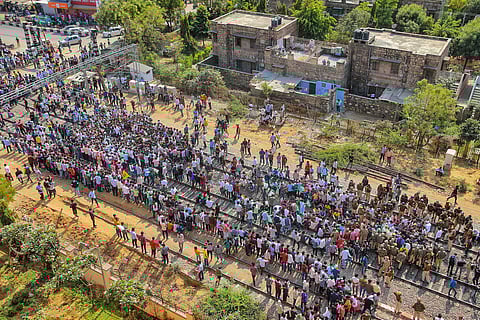 BKU activists block a railway track during a four-hour 'rail roko' demonstration at Gator - Jagatpura Railway Station in Jaipur Thursday. (Photo | PTI)