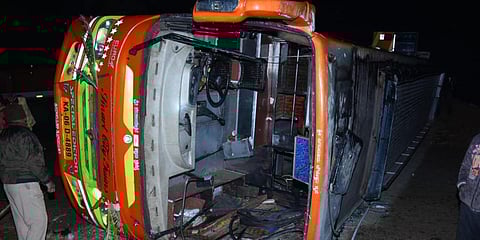 The private bus carrying a marriage party fell into a gorge while the driver negotiating a curve at Mekerahatti near Sira. (Photo |EPS)