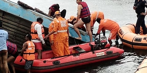 Rescue operation is underway at the site where a bus carrying around 54 passengers fell into a canal, in Sidhi. (Photo | ANI)
