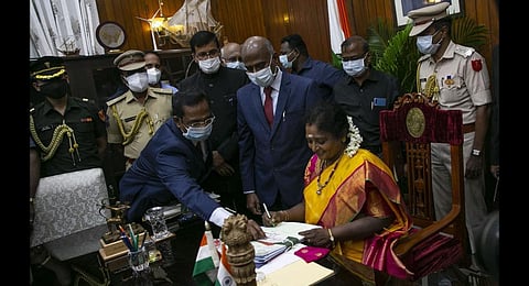 Tamilisai Soundararajan after taking charge as Puducherry governor on Thursday. (Photo | G Pattabiraman, EPS)