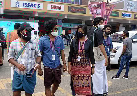 Young delegates coming out of Saritha theatre on Thursday after watching Musical Chair. (Photo | A Sanesh, EPS)