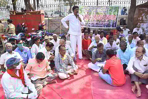 Former employees of the Nizam Deccan Sugars Limited stage a protest at Indira Park in Hyderabad on Thursday. (Photo | EPS)
