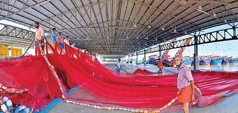 Workers mending nets at the fishing harbour at Thoppumpady in Kochi | Albin Mathew