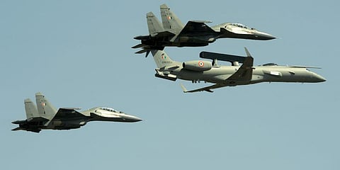 Metal birds manoeuver during the Aero India 2019 air show in Bengaluru. (File Photo | EPS)