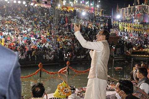 MP CM Shivraj Singh Chouhan at the 'Narmada Jayanti' programme at Sethani Ghat in Hoshangabad on Friday. (Photo | Twitter/@ChouhanShivraj)