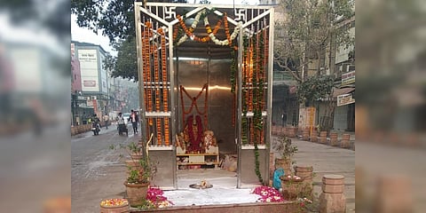 New Hanuman temple which installed over night on the central verge. (Photo| Special Arrangement)