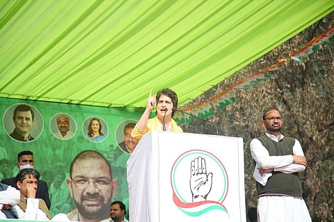 Congress leader Priyanka Gandhi at Kisan Panchayat in Muzaffarnagar district of western UP (Photo| Twitter/ @INCIndia)