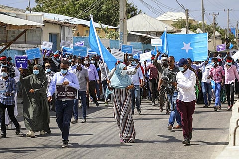 Somalis march and protest against the government and the delay of the country's election in the capital Mogadishu, Somalia (Photo | AP)