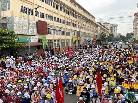 Medical students gather during an anti-coup protest in Mandalay (Photo | AP)