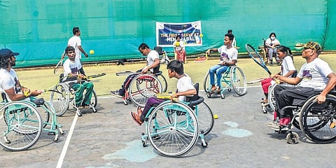 As many as 22 differently-abled children and youth are taking part in a three-day wheelchair tennis workshop. (Photo | Biswanath Swain, EPS)