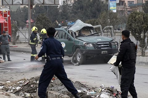 Policemen arrive at a site of a bomb blast which killed at least two people and injured five others, in Kabul. (Photo | AFP)