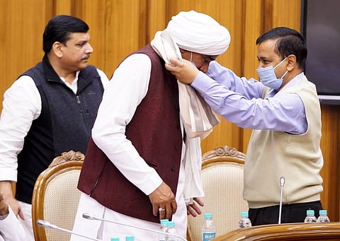Delhi Chief Minister Arvind Kejriwal during a meeting with UP farmer representatives regarding the three agri-laws in New Delhi Sunday Feb. 21 2021. (Photo | PTI)