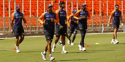 The Indian cricket team practice at Sardar Patel Stadium in Motera. (Photo| Twitter/ @bcci)