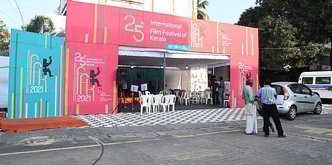 File photo of preparations for the Kochi edition of IFFK under way at Saritha Theatre.