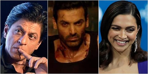 (From left) Shah Rukh Khan, John Abraham and Deepika Padukone are set to star in Pathan. (Photo| PTI and Youtube screengrab)