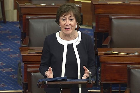 In this image from video, Sen. Susan Collins, R-Maine, speaks after the Senate acquitted former President Donald Trump in his second impeachment trial in the Senate at the U.S. Capitol in Washington.