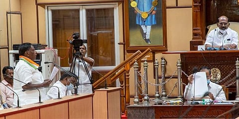 Puducherry CM V Narayanasamy speaks during the special Assembly session. (Photo | G Pattabiraman, EPS)