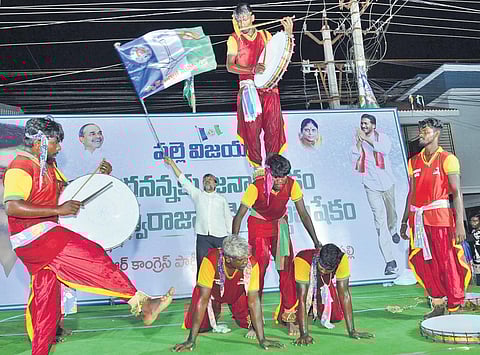 YSRC activists celebrating at the party office in Tadepalli on Sunday. (Photo | EPS)