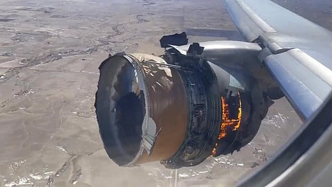 The engine of United Airlines Flight 328 is on fire after after experiencing 'a right-engine failure' shortly after takeoff from Denver International Airport. (Photo | AP)