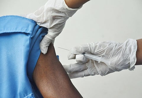 Corporation health workers and conservency workers getting their covid vaccination. (Photo | Ashwin Prasath, EPS)