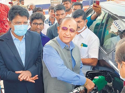Director General of State Jails Rajiv Trivedi inaugurates a My Nation fuel station on National Highway-163 on Monday.