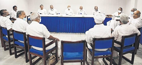 NCP state chief T P Peethambaran and Transport Minister A K Saseendran at the meeting of the party’s state office-bearers in Kochi on Monday | Albin Mathew