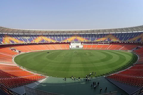 A general view of the Sardar Patel Stadium, the world's biggest cricket stadium, is pictured ahead of the third Test match between India and England, in Motera. (Photo | AFP)