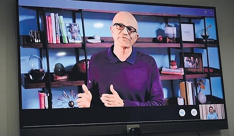 Microsoft CEO Satya Nadella speaking to IT and MAUD Minister KT Rama Rao at the BioAsia 2021 in Hyderabad on Tuesday