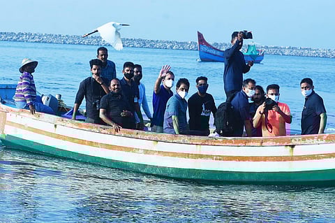 Wayanad MP Rahul Gandhi at Vadi shore after his boat ride into the sea. (Photo | BP Deepu, EPS)