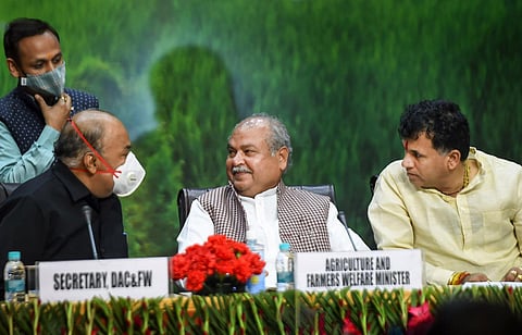 Union Minister of Agricultural and Farmers Welfare Narendra Singh Tomar during a function of the 2nd anniversary of 'Pradhan Mantri Kisan Samman Nidhi Scheme', in New Delhi. (Photo | PTI)