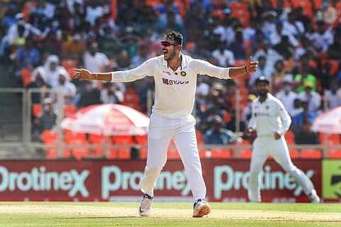 Axar Patel celebrates after taking the wicket of England cricket team player Zak Crawley. (Photo | PTI)