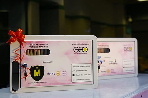 Sanitary napkin vending machine inaugurated at the Koyambedu Metro on Tuesday. (Photo | Express)