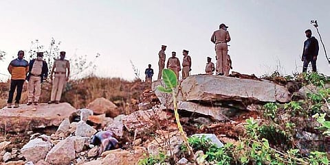 A file picture of police personnel at the blast site in Chikkaballapur