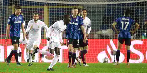 Real Madrid's Ferland Mendy celebrates after scoring against Atalanta. (Photo | AP)