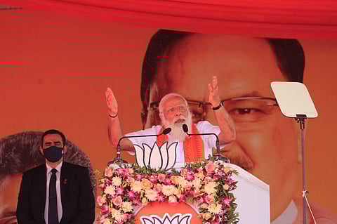 Prime Minister Narendra Modi speaks during BJP public meeting in Puducherry. (Photo | Pattabiraman, EPS)
