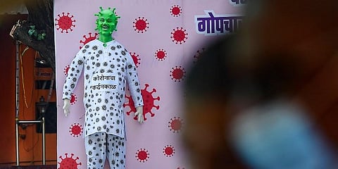 An effigy of the year 2020 depicting 'coronasur' at Worli in Mumbai. (File Photo | PTI)