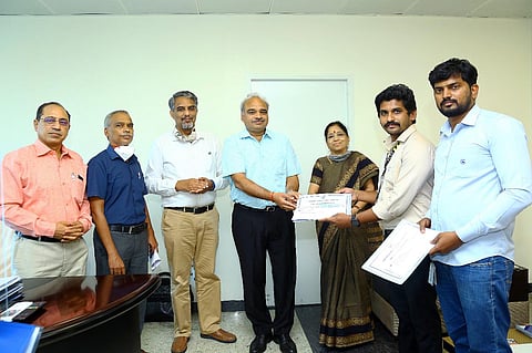 Train Operator P M Rajeev and Egmore Metro Station Controller J Rajesh were honoured for providing immediate assistance when a passenger had a medical emergency (Photo | Special arrangement)