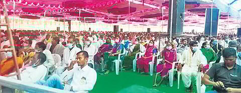 Rashtriya Swayamsevak Sangh chief Mohan Bhagwat at an event organised by the Eklavya Foundation at Lingapur village in Adilabad district.