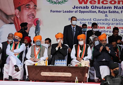 Congress leaders Ghulam Nabi Azad, Anand Sharma, Kapil Sibal, Bhupinder Singh Hooda and Manish Tewari during a 'Shanti Sammelan' event in Jammu Saturday Feb. 27 2021. (Photo | PTI)