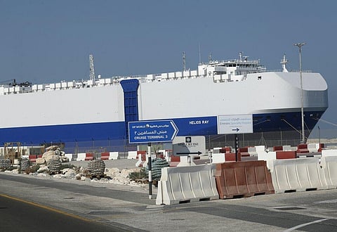 The Israeli-owned cargo ship, Helios Ray, sits docked in port after arriving earlier in Dubai, United Arab Emirates. (Photo | AP)