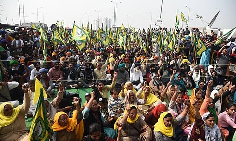 Farmers during their ongoing protest against the new farm laws at Ghazipur border in New Delhi Tuesday Feb. 02 2021. (Photo | Parveen Negi/EPS)