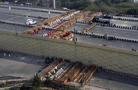 Barricades placed by Delhi Police at Ghazipur border to keep farmers from entering the national capital during their ongoing protest against the new farm laws in New Delhi. (Photo | Parveen Negi/EPS)