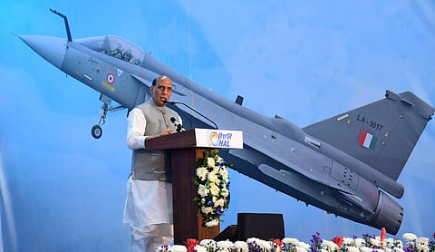 Defence Minister Rajnath Singh addresses during the inauguration of the HAL's new LCA-Tejas Production Line in Bengaluru. (Photo | Shriram BN, EPS)