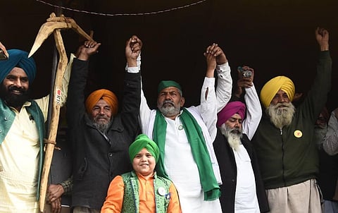 Bharatiya Kisan Union Spokesperson Rakesh Tikait along with farmers leaders during the ongoing protest against the new farm laws at Ghazipur border. (Photo | Parveen Negi/EPS)