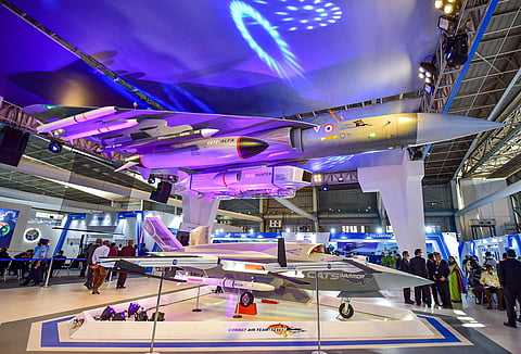 Cats Warrior, a full scale model of India's first ever semi-stealth drone built as part of an indigenous programme, is displayed during Aero India 2021. (Photo| PTI)