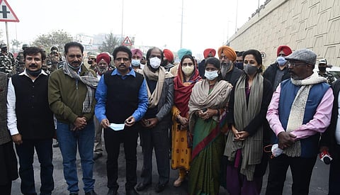Shiromani Akali Dal leader Harsimrat Kaur Badal, NCP leader Supriya Sule, DMK leader Kanimozhi Karunanidhi, TMC MP Saugata Roy. (Photo | Parveen Negi, EPS)