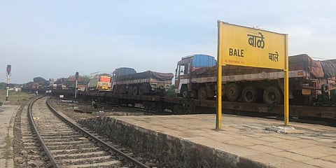 The maiden RO-RO trip, which began from Nelamangala in Bengaluru Rural entering Bale railway station in Maharashtra. (Photo | EPS)