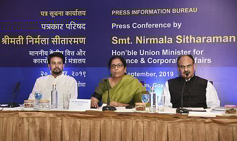 Finance Minister Nirmala Sitharaman addresses a press conference ahead of the 37th meeting of the GST Council in Panaji Friday September 20, 2019. MoS Finance Anurag Thakur and Revenue Secretary Ajay