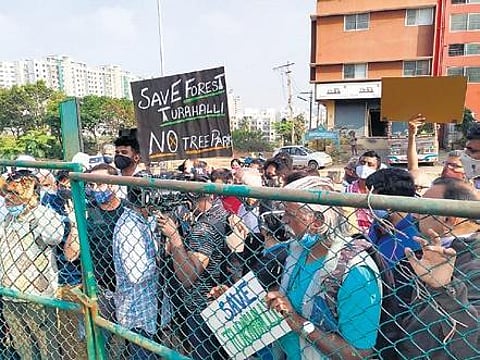 Residents stage a protest against more tree parks in Turahalli forest