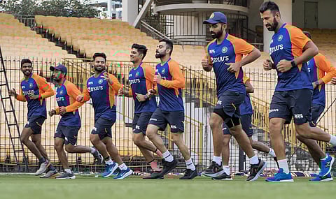Indian cricket team captain Virat Kohli with teammates during a training session at MA Chidambaram Stadium in Chennai. (Photo | PTI)